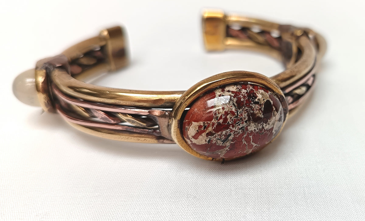 Handcrafted Artisan Solid Copper & Brass Cuff Bangle | Natural Moonstone & Brecciated Jasper Cabochons | One-of-a-Kind | Unisex