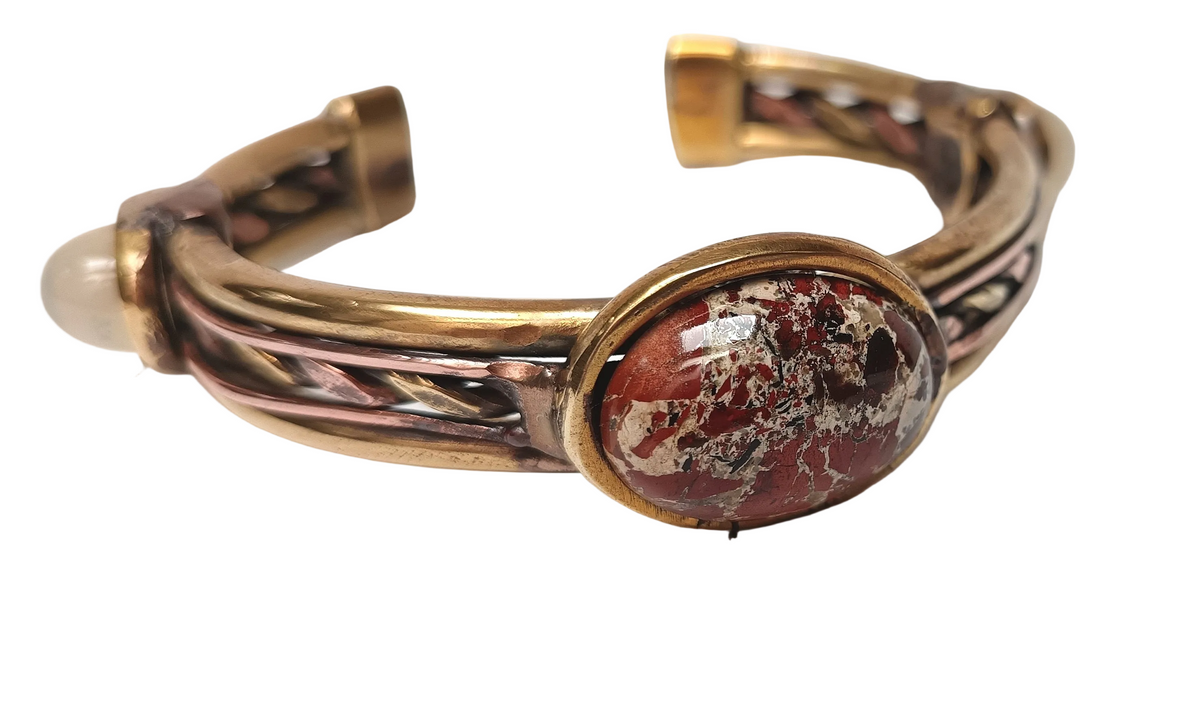 Handcrafted Artisan Solid Copper & Brass Cuff Bangle | Natural Moonstone & Brecciated Jasper Cabochons | One-of-a-Kind | Unisex