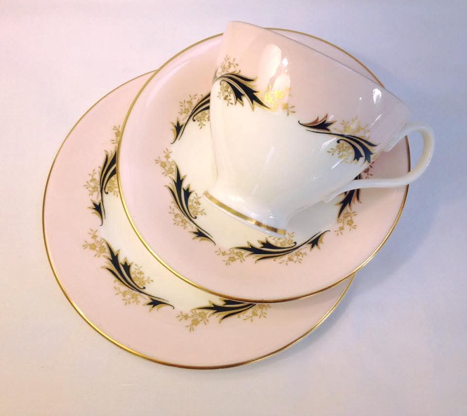 Royal Albert 'High Society' Bone China Trios — Pink Ground with Cobalt & Gilt Foliate Scrollwork, England, c.1950s–1960s — Pair