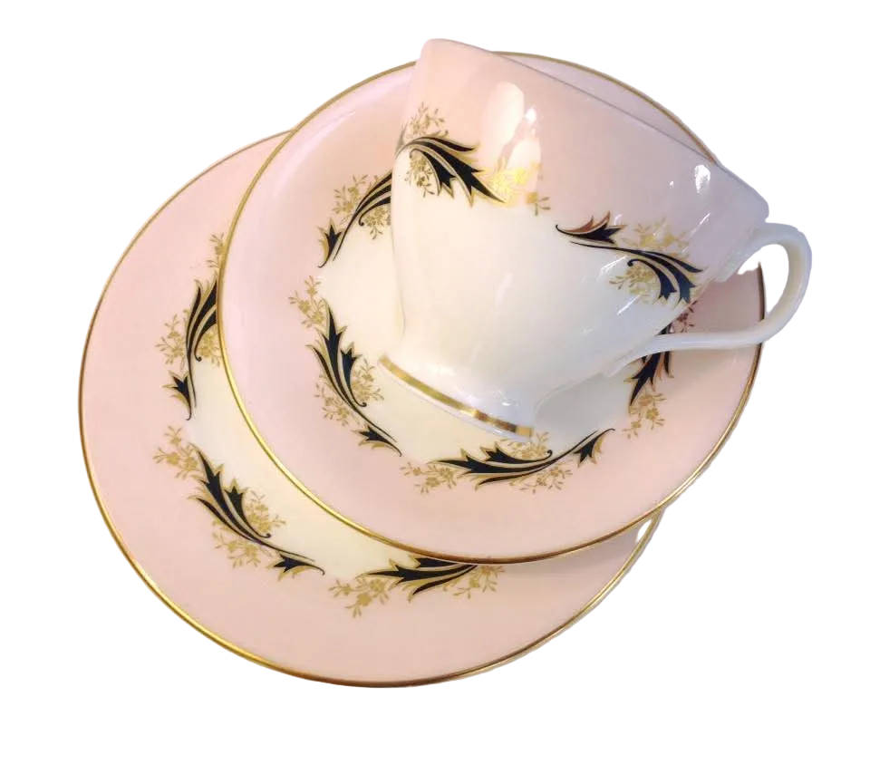 Royal Albert 'High Society' Bone China Trios — Pink Ground with Cobalt & Gilt Foliate Scrollwork, England, c.1950s–1960s — Pair