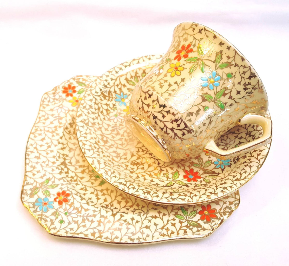 Grimwades Royal Winton | Gold Lace Ground with Polychrome Enamel Flowers | One Trio | Circa 1930–1934