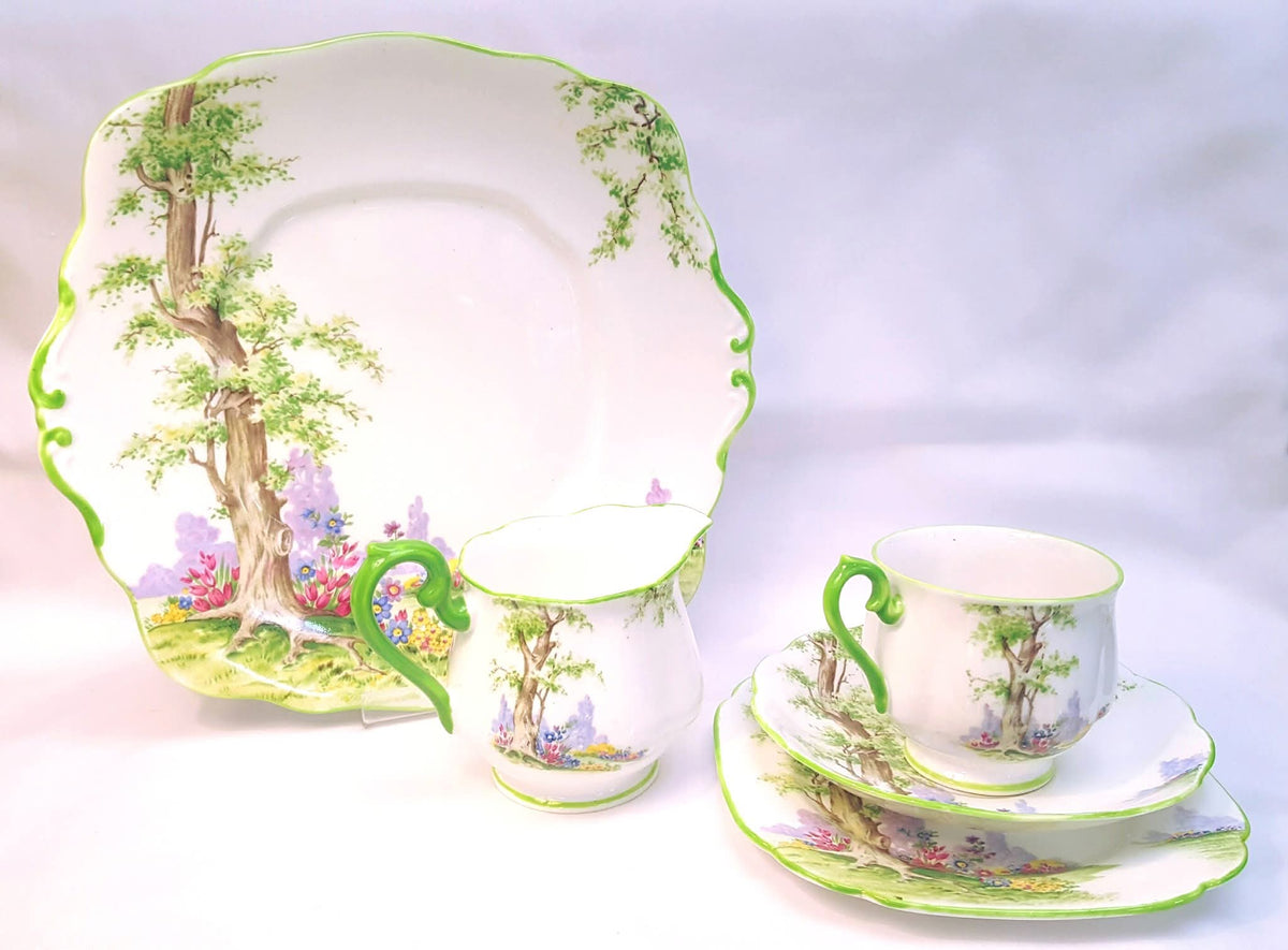 Royal Albert | 'Greenwood Tree' | Six-Piece Tea Setting for Four | Scalloped Green-Trimmed Bone China | Circa 1940s | Near-Unused Condition