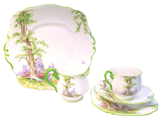 Royal Albert | 'Greenwood Tree' | Six-Piece Tea Setting for Four | Scalloped Green-Trimmed Bone China | Circa 1940s | Near-Unused Condition