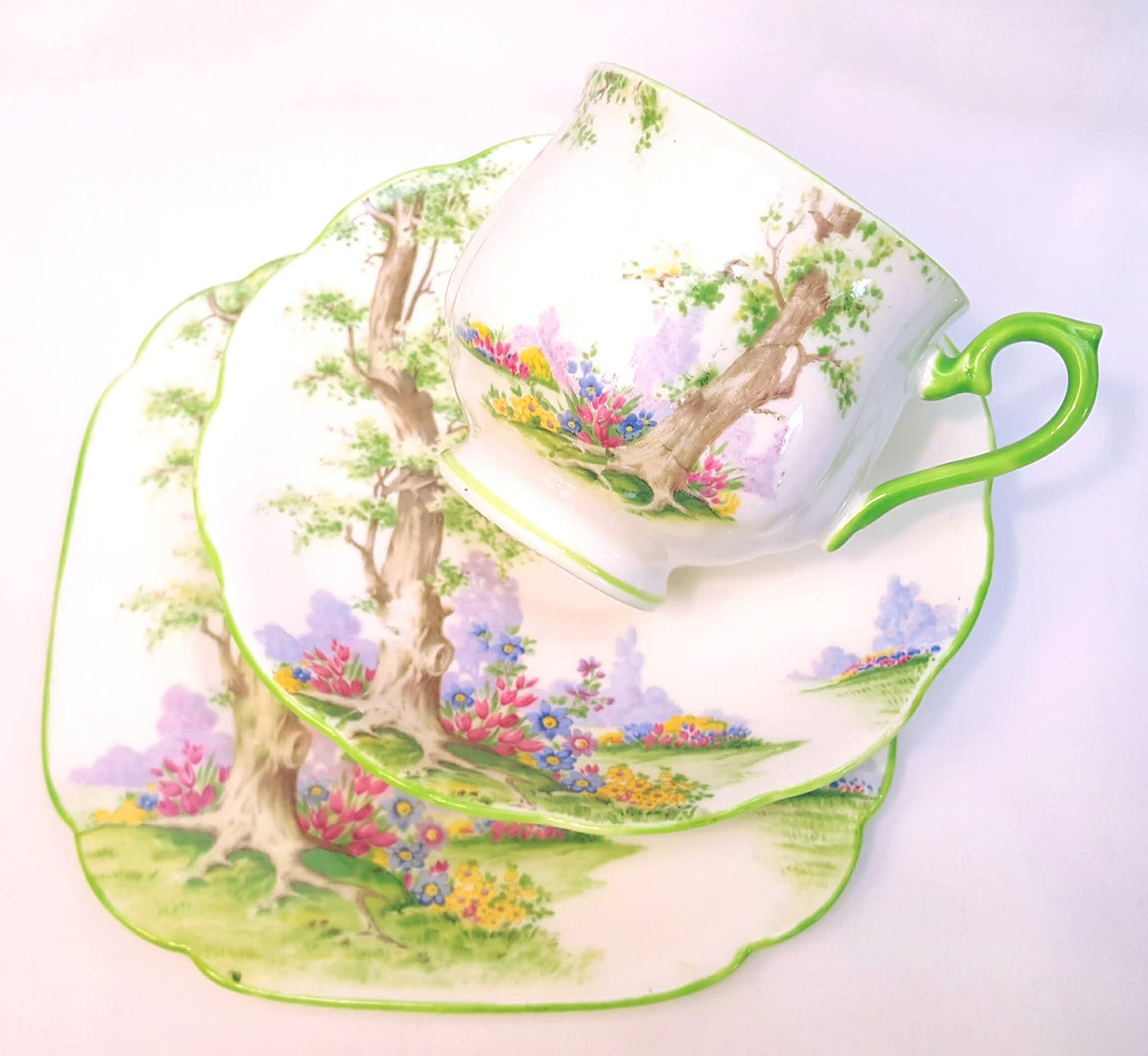 Royal Albert | 'Greenwood Tree' | Six-Piece Tea Setting for Four | Scalloped Green-Trimmed Bone China | Circa 1940s | Near-Unused Condition