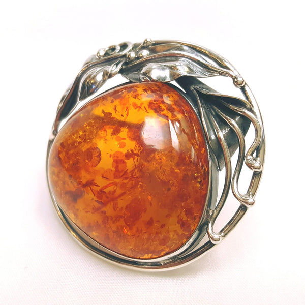 Antique Art Nouveau Sterling Silver Brooch | Large Natural Baltic Amber Cabochon | 45mm | 15g | Excellent Condition