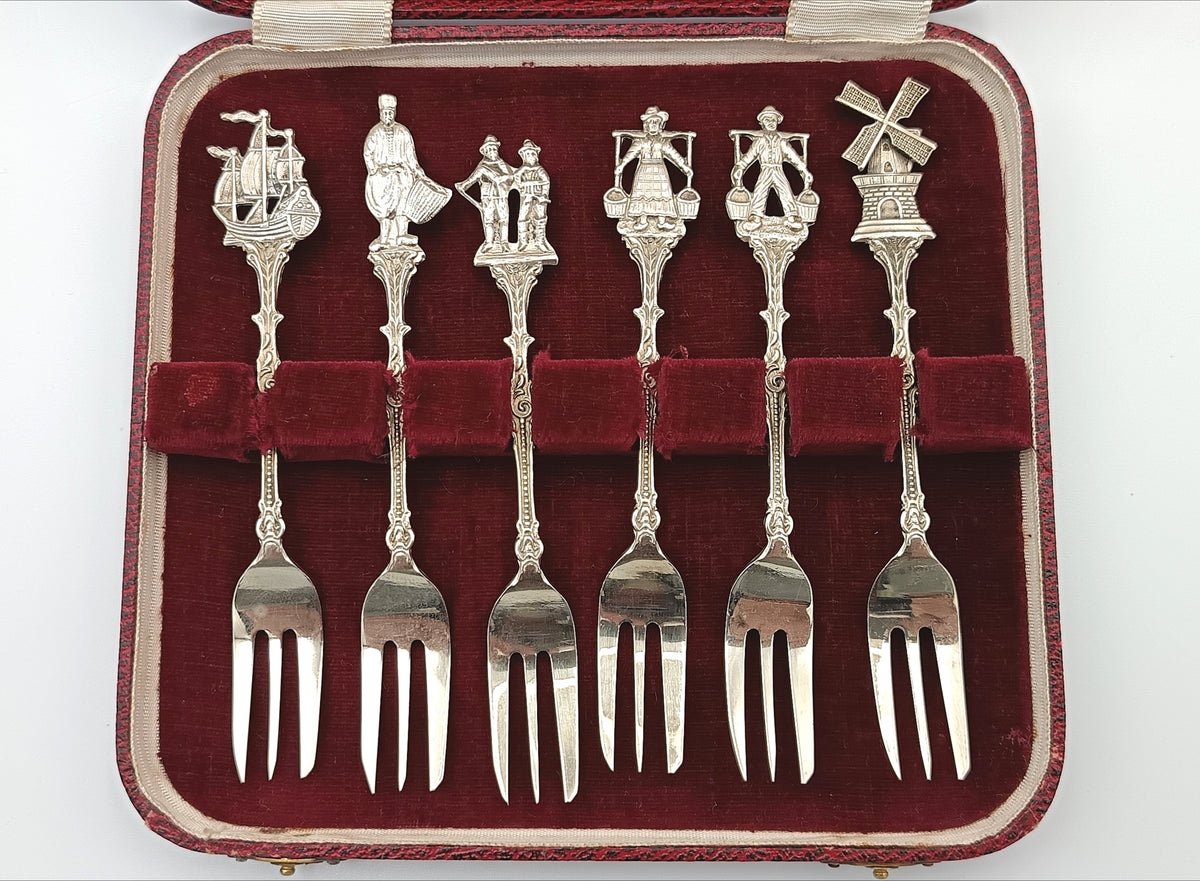 Silver Plate | Dutch Motif Figural Cake Forks | Set of Six | Original Presentation Case | Mid-20th Century