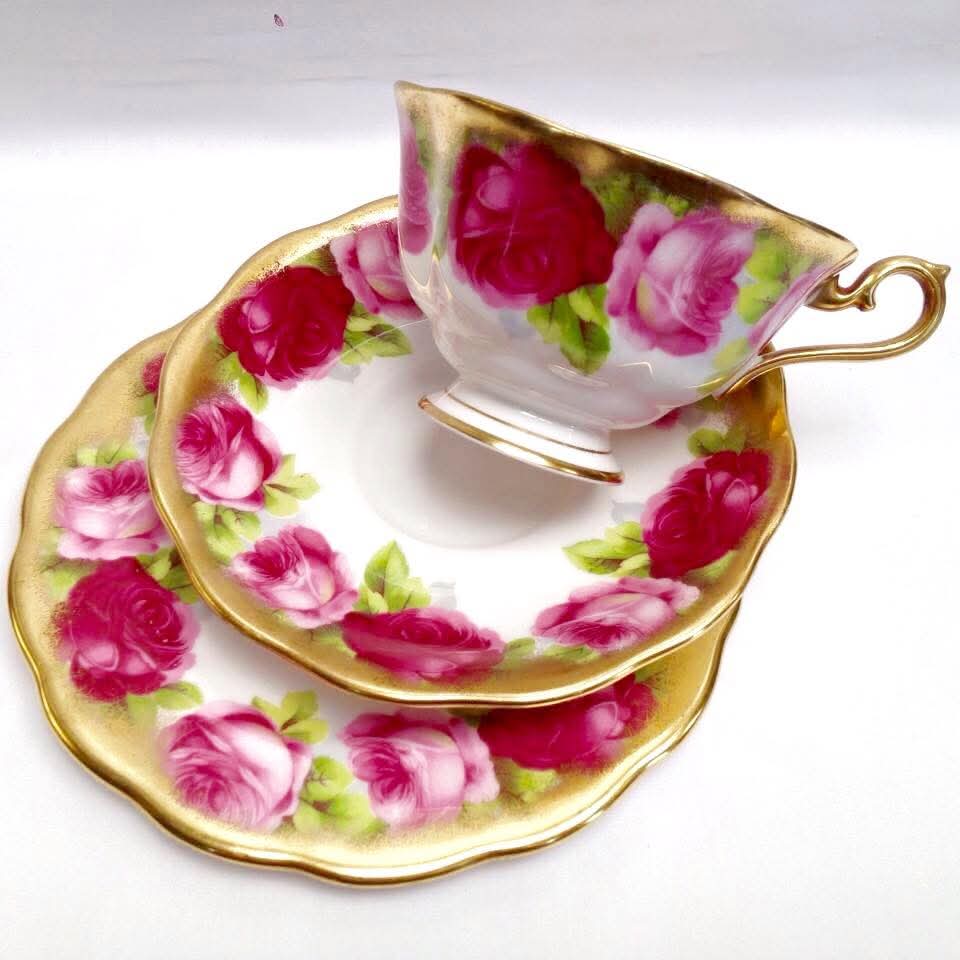 Royal Albert | Old English Rose | Teacup, Saucer and Side Plate Trio | Bone China | England | c.1950s–1960s | Set of Six
