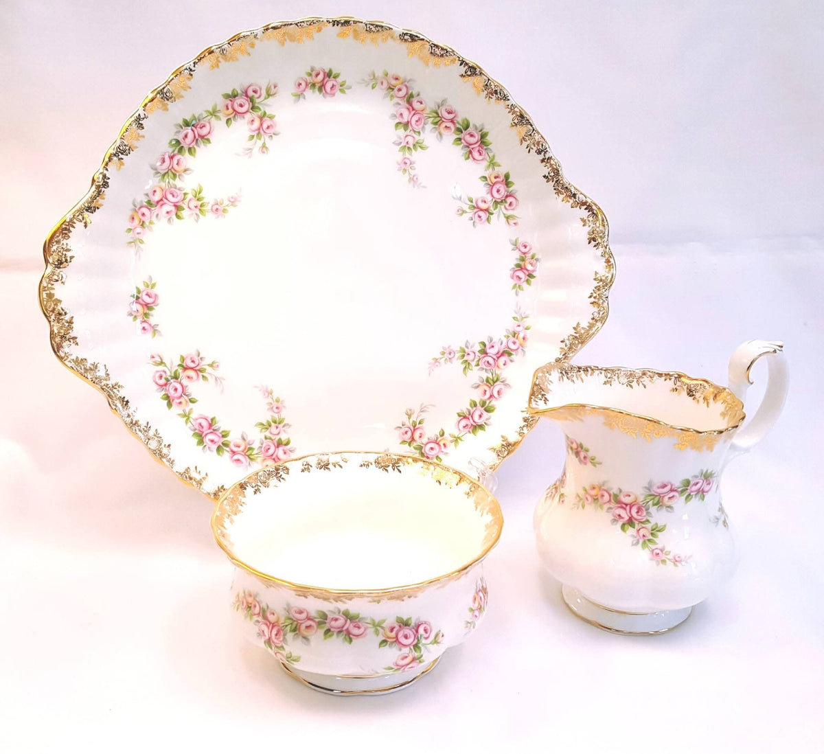Royal Albert | Dimity Rose | Serving Grouping — Cake Plate, Milk Jug & Sugar Bowl | © 1969