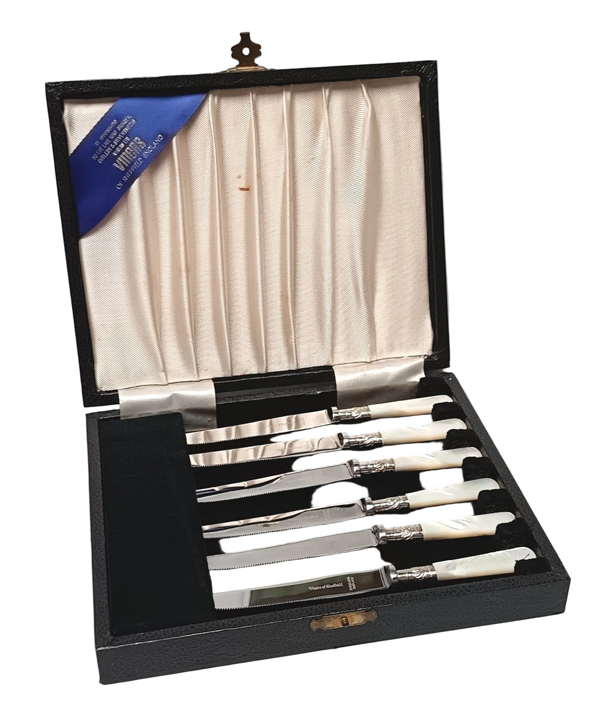 Viners of Sheffield | Six Fruit Knives | Mother-of-Pearl Handles | Sterling Silver Cuffs | Cased | c.1920s–1930s