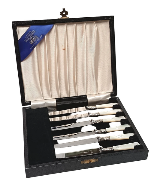 Viners of Sheffield | Six Fruit Knives | Mother-of-Pearl Handles | Sterling Silver Cuffs | Cased | c.1920s–1930s