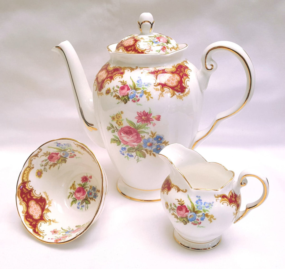 Tuscan Fine Bone China | Windsor | Coffee Set | Crimson & Gold Rococo | Circa late 1940s–1950s