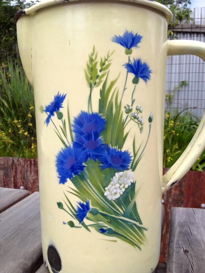 Enamelware Washbowl, Jug, Chamber Pot and Soap Tray | Four-Piece Set | Stencilled Cornflower Decoration | Enamelled Steel | Mid-Twentieth Century