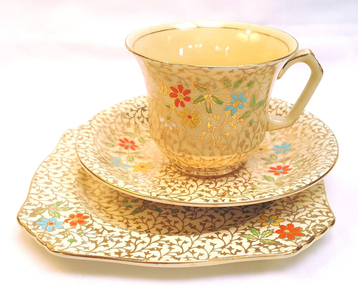Grimwades Royal Winton | Gold Lace Ground with Polychrome Enamel Flowers | One Trio | Circa 1930–1934