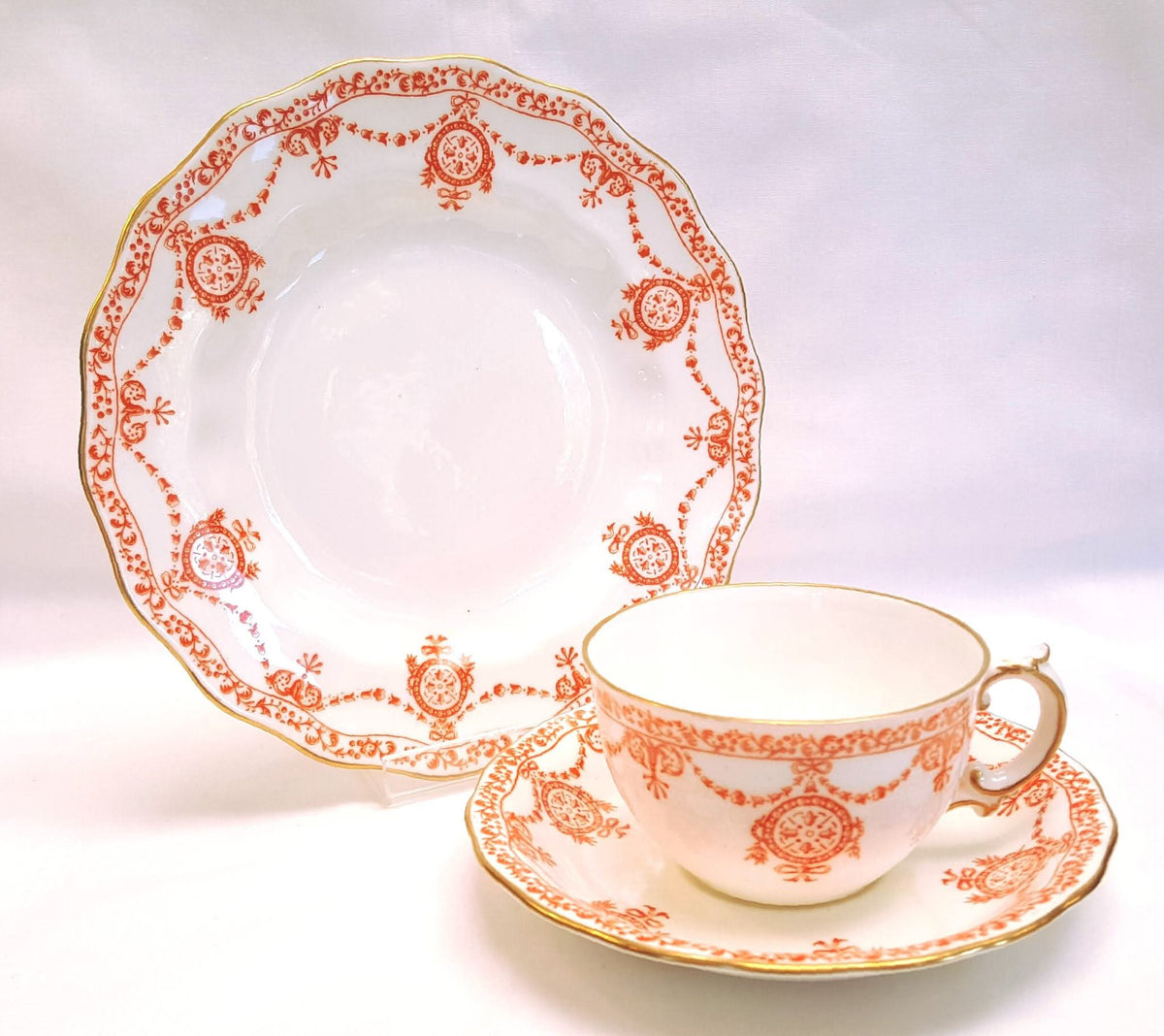 Royal Crown Derby | Neoclassical Swag & Medallion | Large Cake Plate & Two Trios | Circa 1895