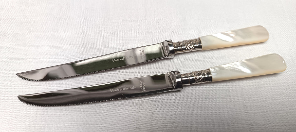 Viners of Sheffield | Six Fruit Knives | Mother-of-Pearl Handles | Sterling Silver Cuffs | Cased | c.1920s–1930s