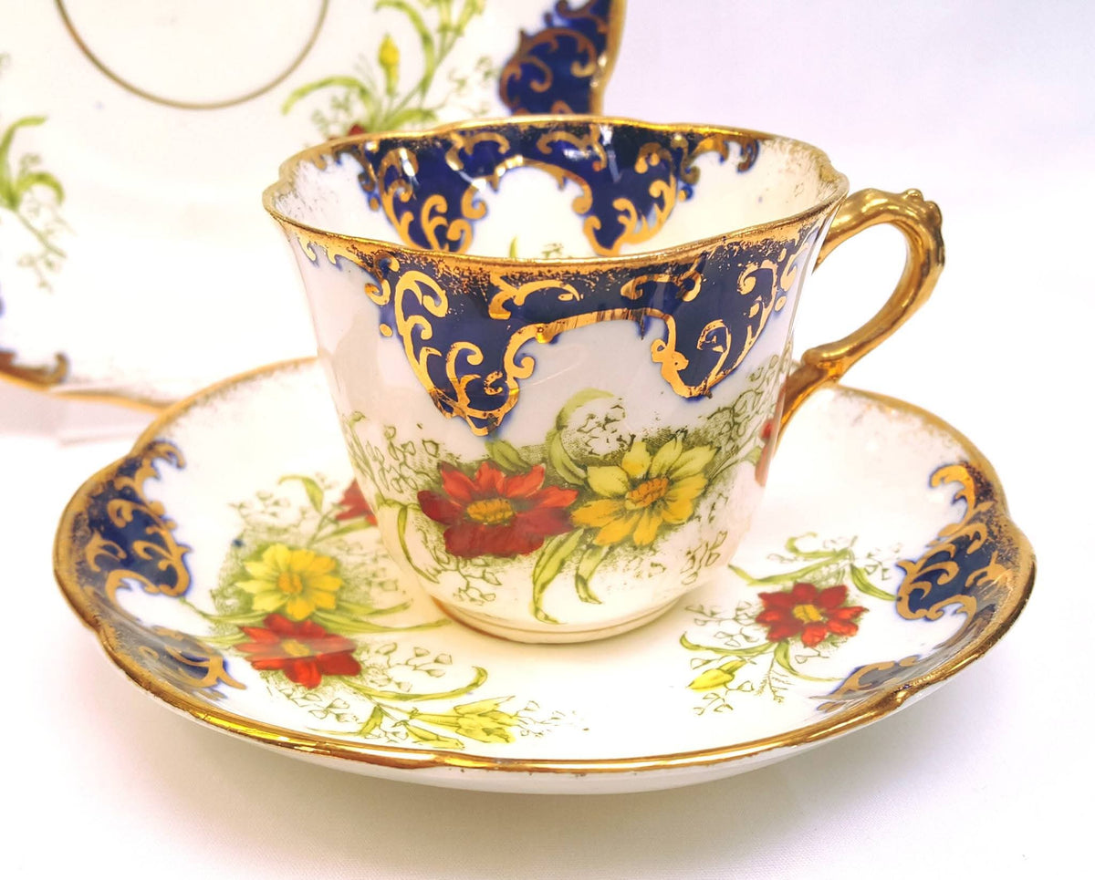 Royal Albert Crown China | 'Gem' Shape | Hand-Painted Cobalt, Gold Scrollwork & Floral Trio | Circa 1905–1907 | Mint Unused Condition