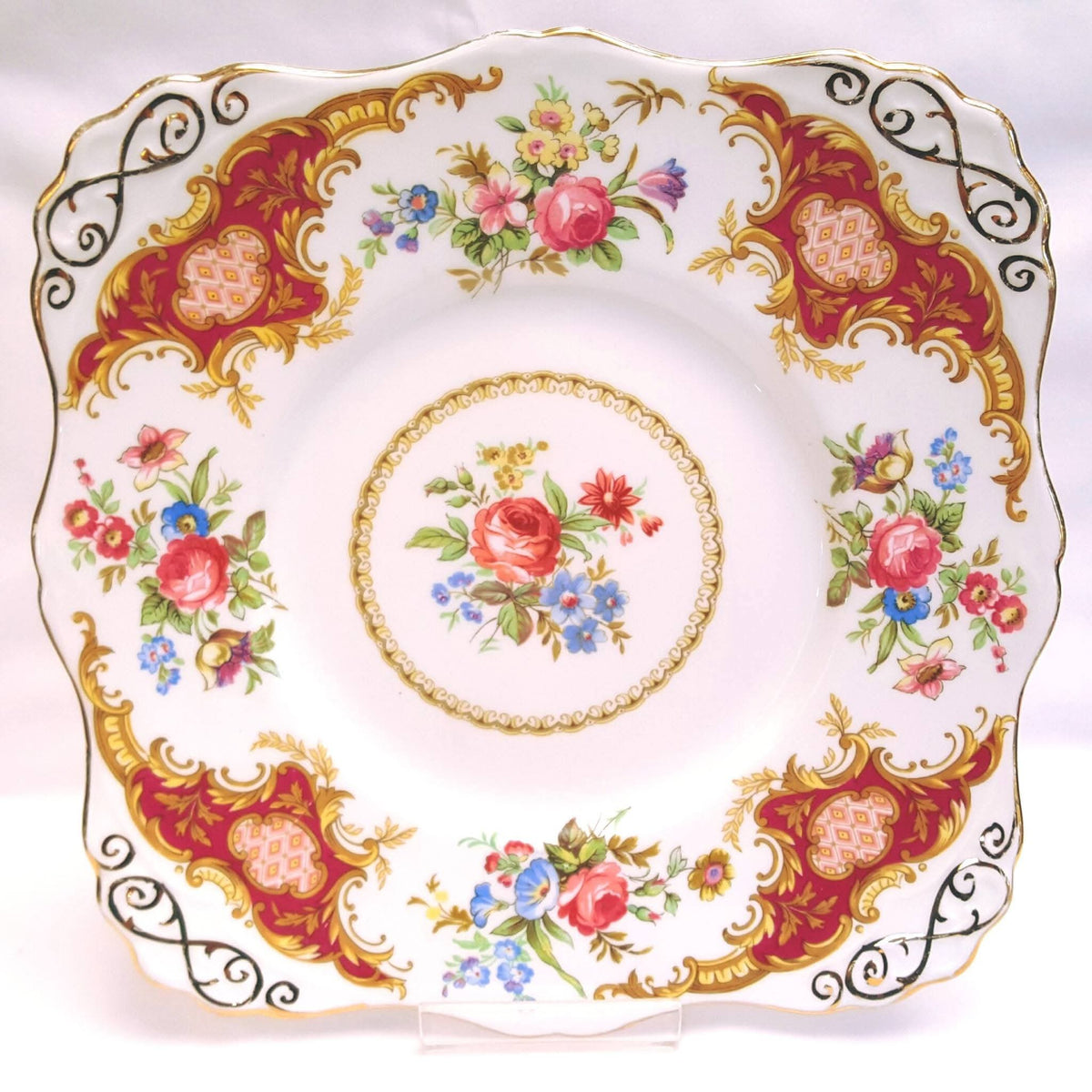 Tuscan Fine Bone China | Windsor | Cake Plate, Sugar Bowl & Milk Jug | Crimson & Gold Rococo | Circa late 1940s–1950s