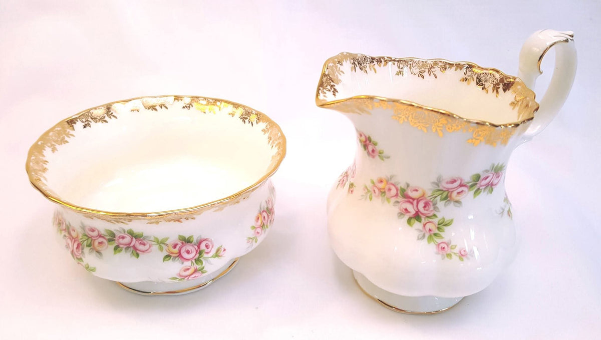 Royal Albert | Dimity Rose | Serving Grouping — Cake Plate, Milk Jug & Sugar Bowl | © 1969
