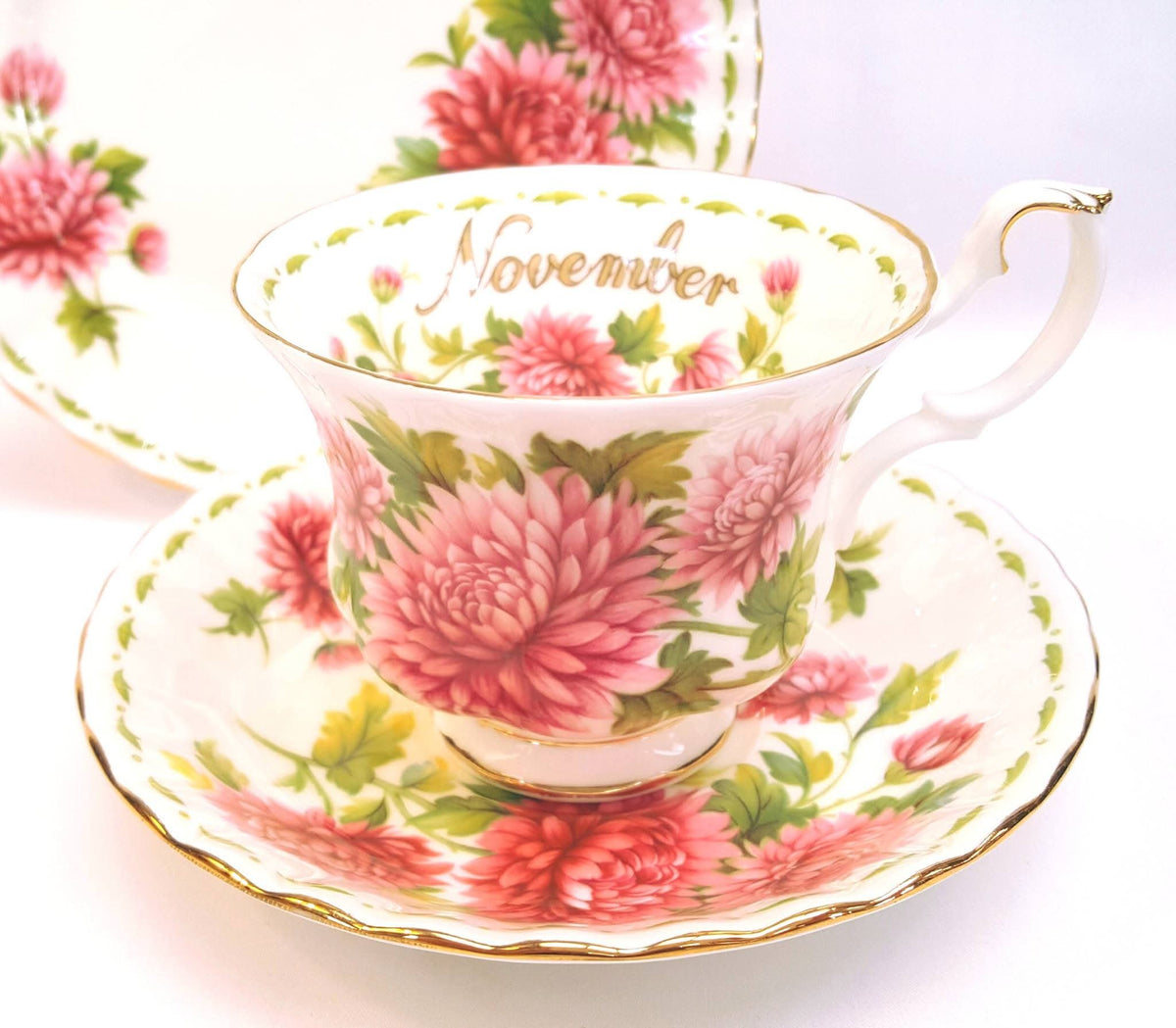Royal Albert | Flower of the Month Series | November — Chrysanthemum | Full Trio & Miniature Duo | Bone China | England | Mint Unused Condition