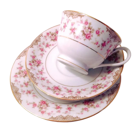RC Japan 'Rosalie' Porcelain Trios — Pink Roses & Gilt Trellis Border, Japan, Mid-Twentieth Century — Set of Five