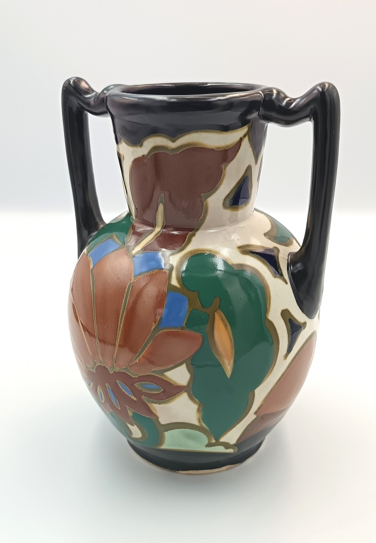 Japanese Export Art Pottery Vase | Gouda-Style Decoration | Twin Handles | Earthenware | circa 1920s–1930s