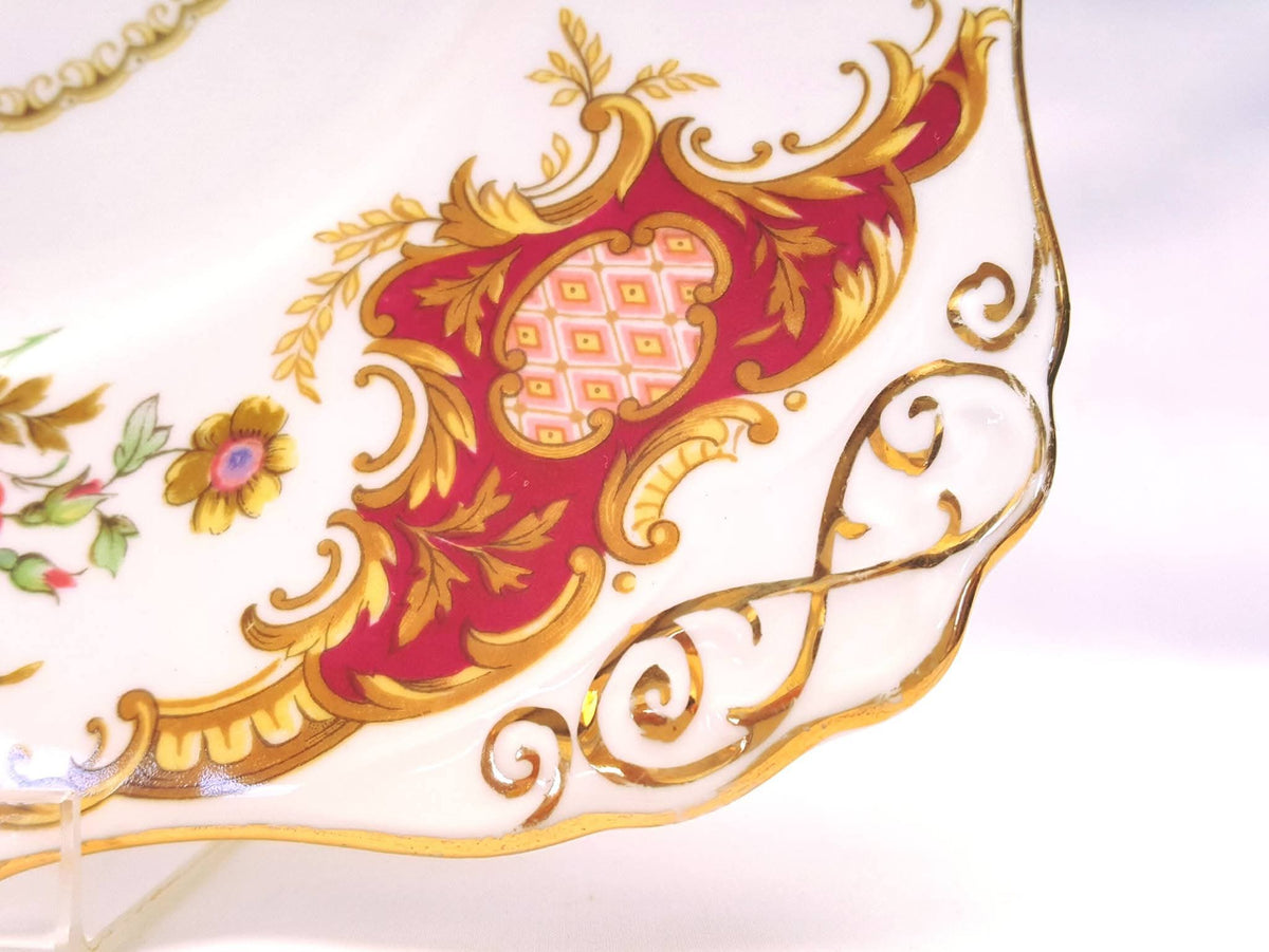 Tuscan Fine Bone China | Windsor | Cake Plate, Sugar Bowl & Milk Jug | Crimson & Gold Rococo | Circa late 1940s–1950s