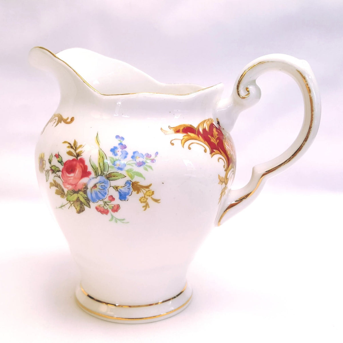 Tuscan Fine Bone China | Windsor | Cake Plate, Sugar Bowl & Milk Jug | Crimson & Gold Rococo | Circa late 1940s–1950s