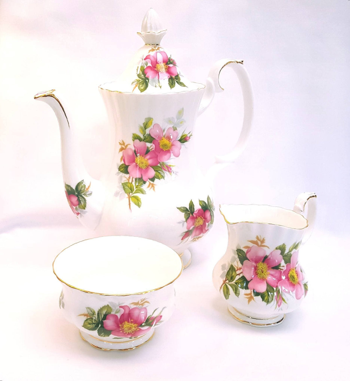 Royal Albert | Prairie Rose | Coffee Pot, Milk Jug & Sugar Bowl | Three-Piece Coffee Grouping | 1950s–1960s