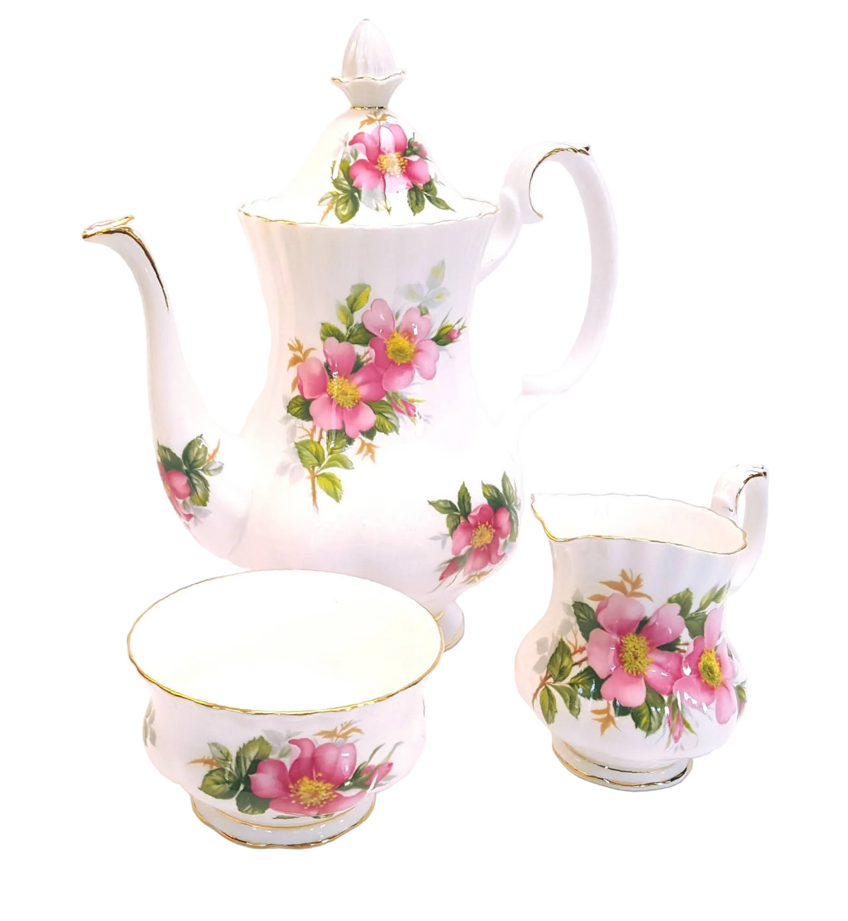 Royal Albert | Prairie Rose | Coffee Pot, Milk Jug & Sugar Bowl | Three-Piece Coffee Grouping | 1950s–1960s