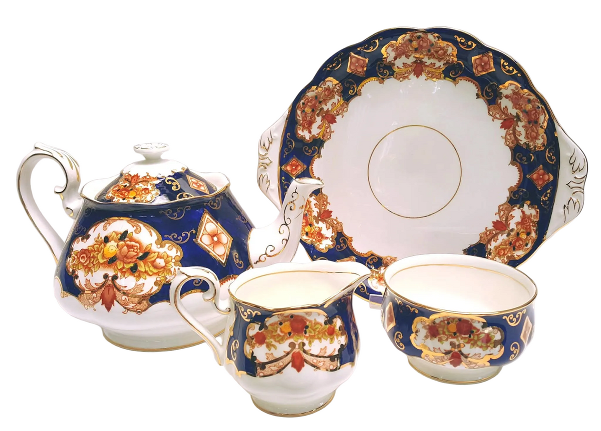 Royal Albert 'Heirloom' | Pattern No. 4534 | Large Handled Cake Plate, Large Milk Jug & Large Open Sugar Bowl | Imari-Style Cobalt Blue, Burnt Orange & 22ct Gold | Made in England | Mint Unused Condition