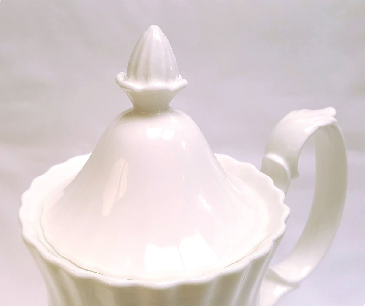 Royal Albert 'Reverie' | Large Bone China Coffee Pot | All-White Sculptural Form | Swirl-Moulded Body, Acorn Finial | Made in England | Mint Condition