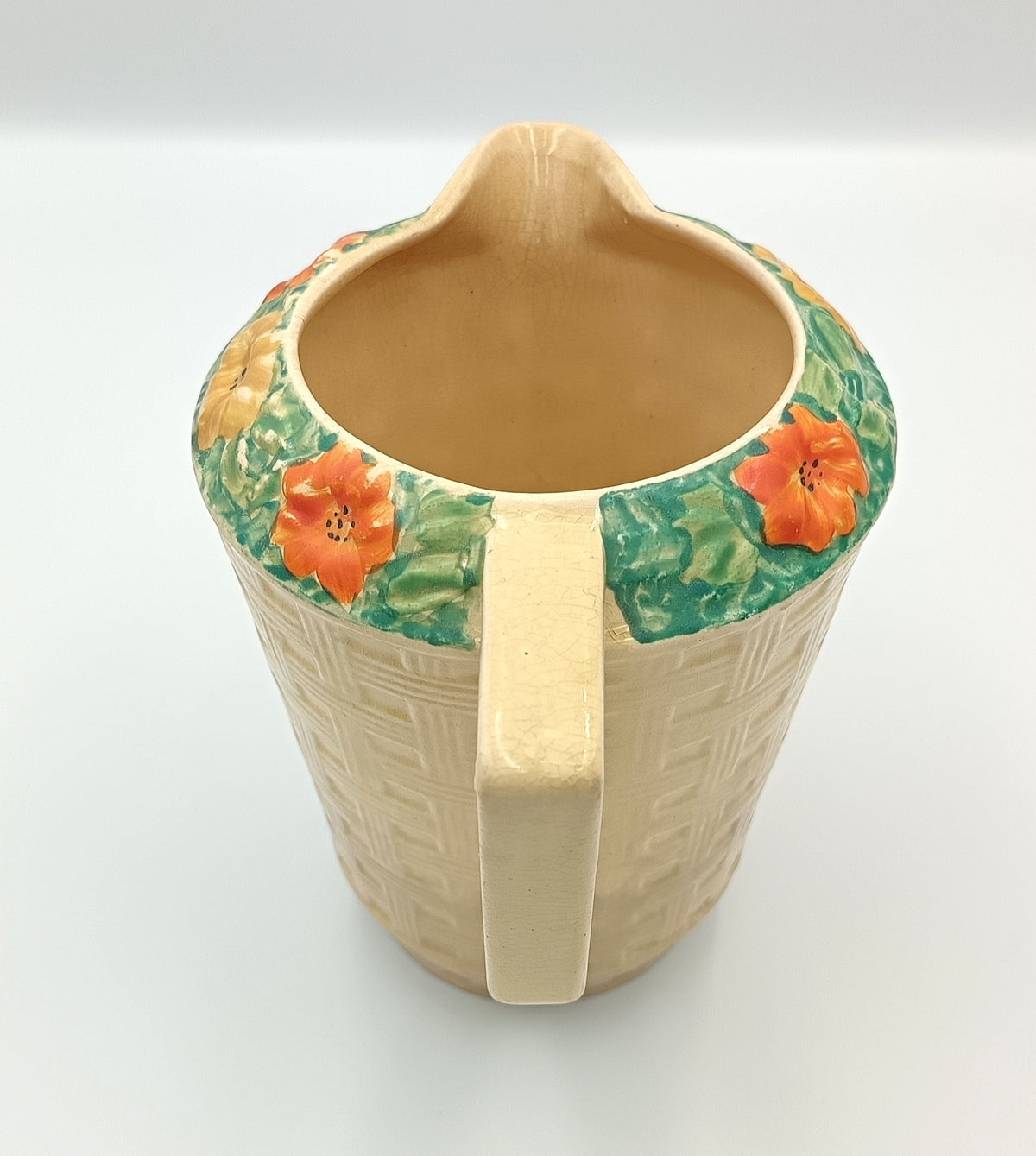 Arthur Wood | Earthenware | Basketweave Jug | Moulded Floral Collar | c.1934–1940s