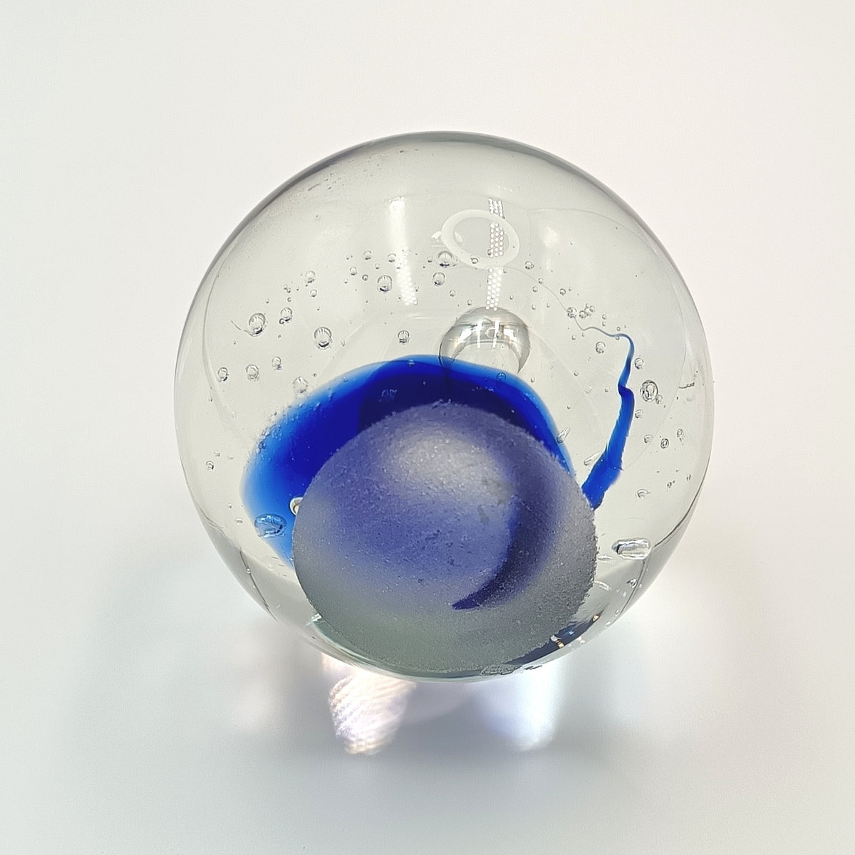 Hand-Blown Studio Glass Paperweight | Cobalt Blue Swirl & Controlled Bubbles | Clear Glass | Unattributed | 20th Century