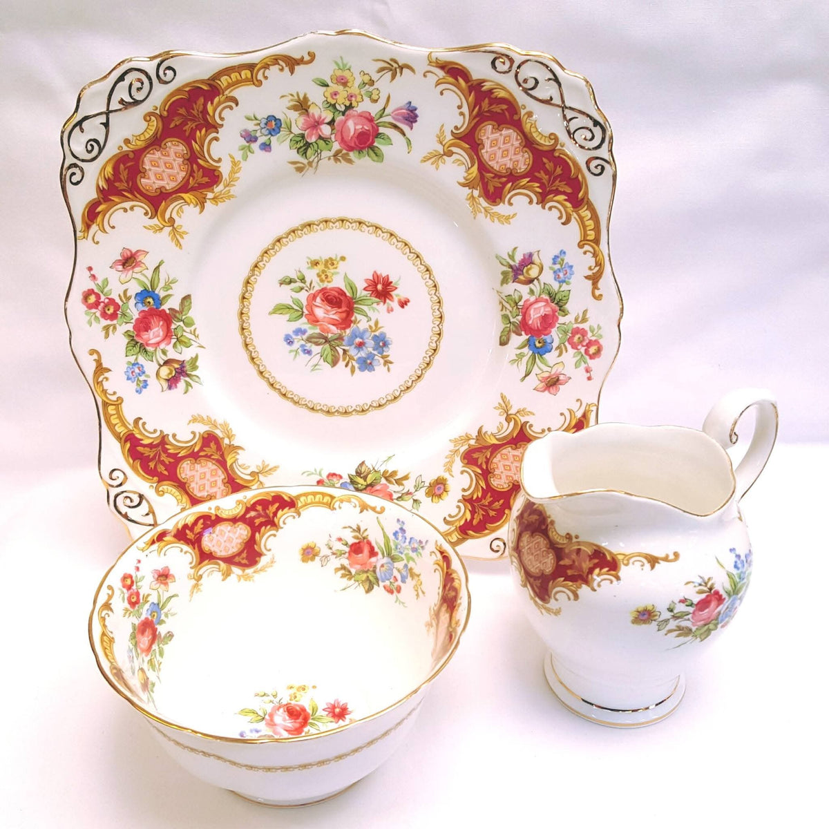 Tuscan Fine Bone China | Windsor | Cake Plate, Sugar Bowl & Milk Jug | Crimson & Gold Rococo | Circa late 1940s–1950s