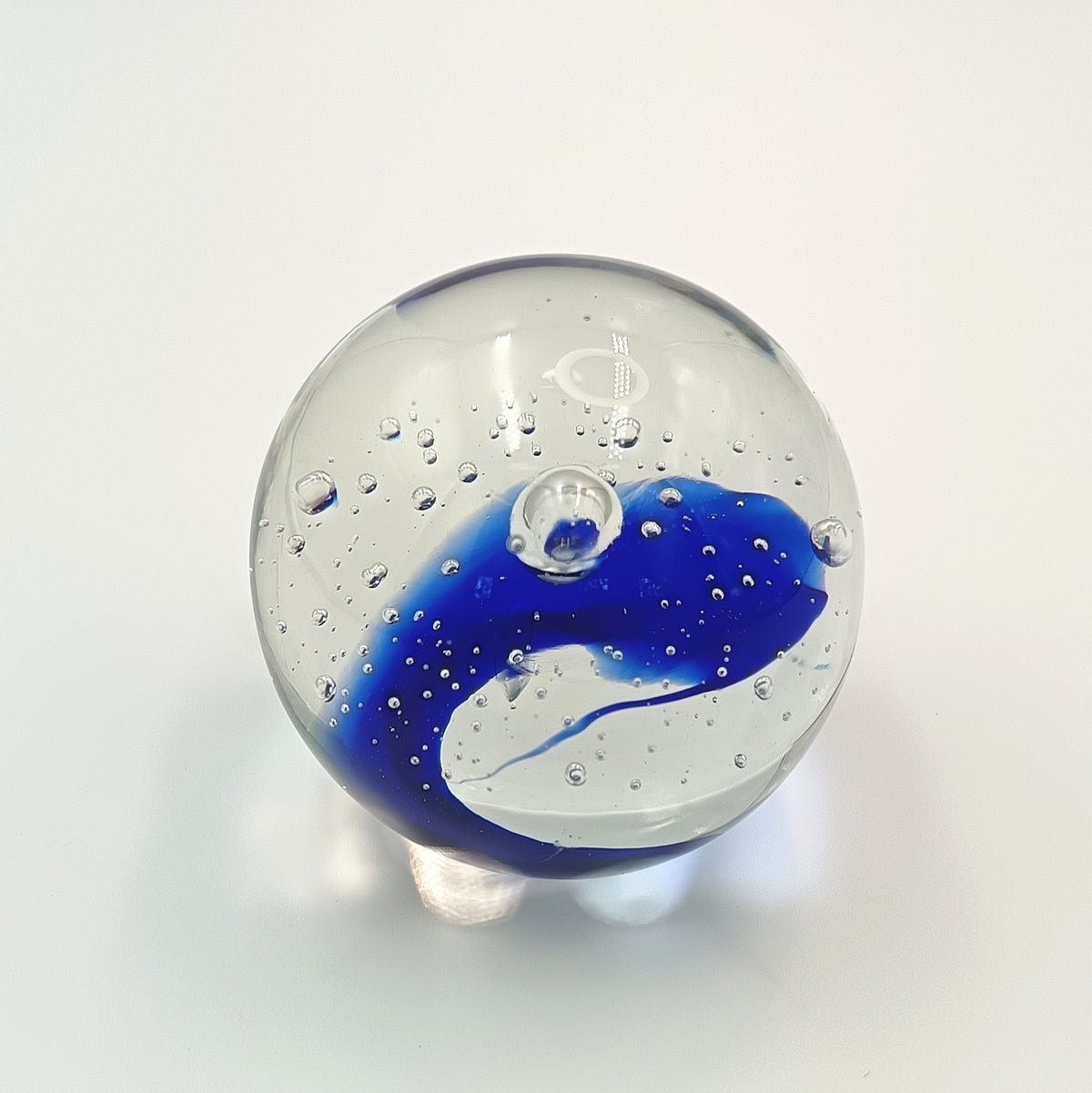 Hand-Blown Studio Glass Paperweight | Cobalt Blue Swirl & Controlled Bubbles | Clear Glass | Unattributed | 20th Century