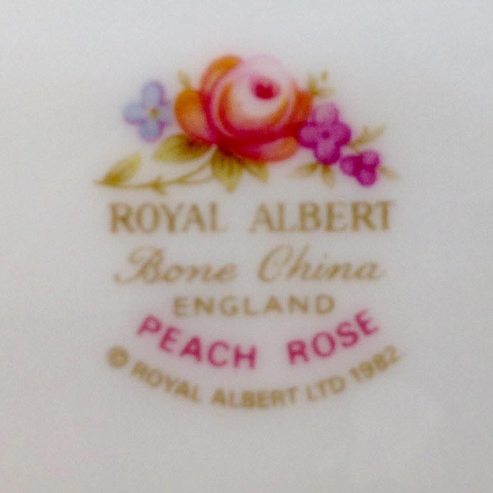 Royal Albert 'Peach Rose' Bone China Trios — Peach Roses & Forget-Me-Nots on Cream, England, © 1982 — Pair