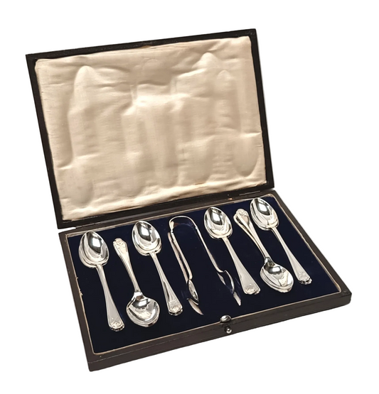 Walker & Hall Sterling Silver Golf-Themed Teaspoon Set with Silver-Plated Sugar Tongs – Early 20th Century Collectible