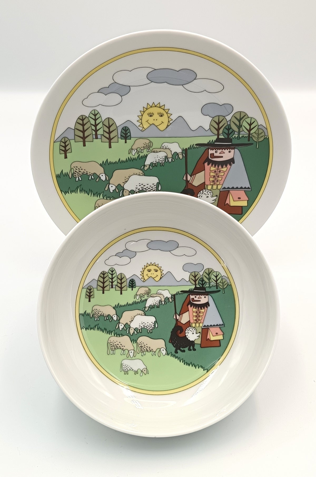 Arzberg Porcelain | Children's Feeding Set | Shepherd & Flock Pattern | Plate and Bowl | West Germany, c.1960s
