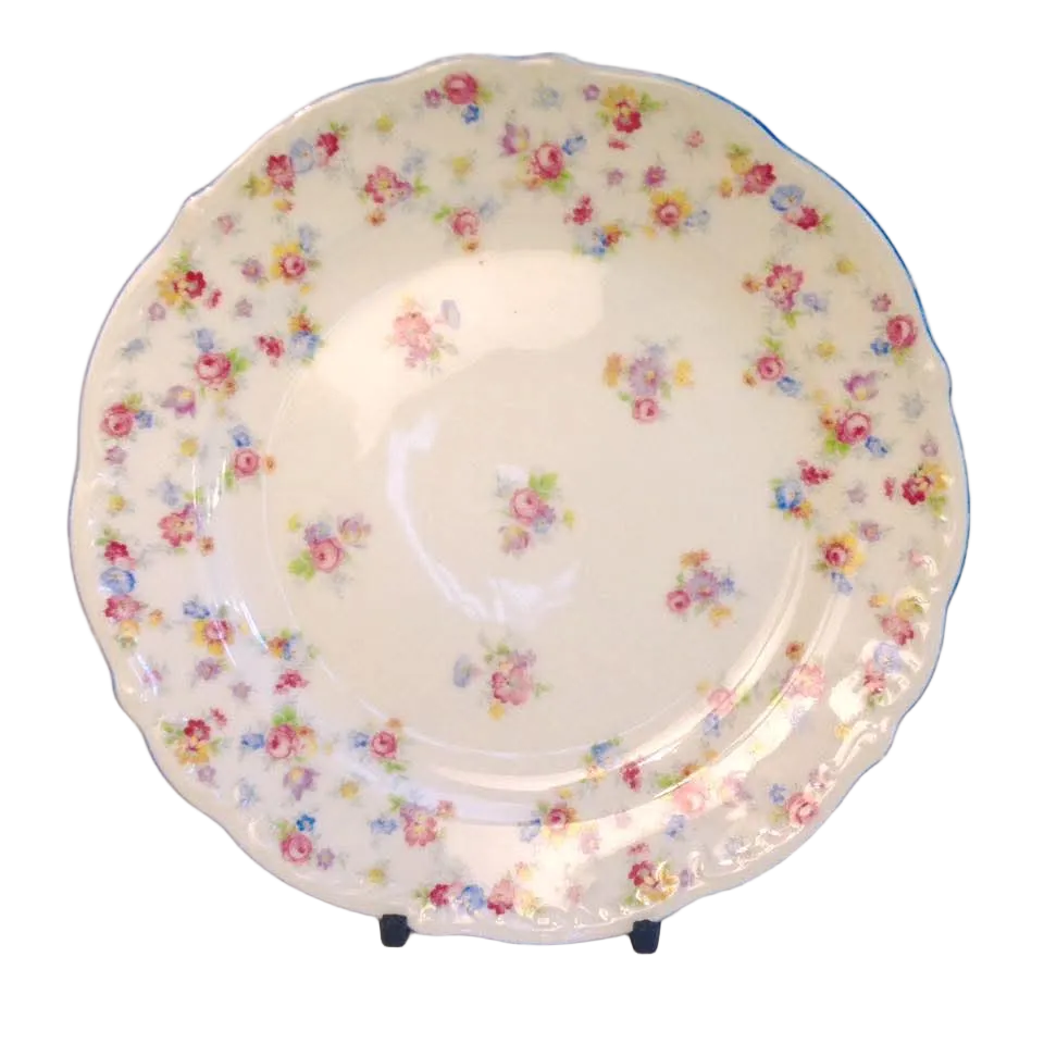 Victoria Porcelain Scattered Floral Tea Plates — Pink Roses & Forget-Me-Nots, Czechoslovakia, c.1920s–1930s — Set of Five