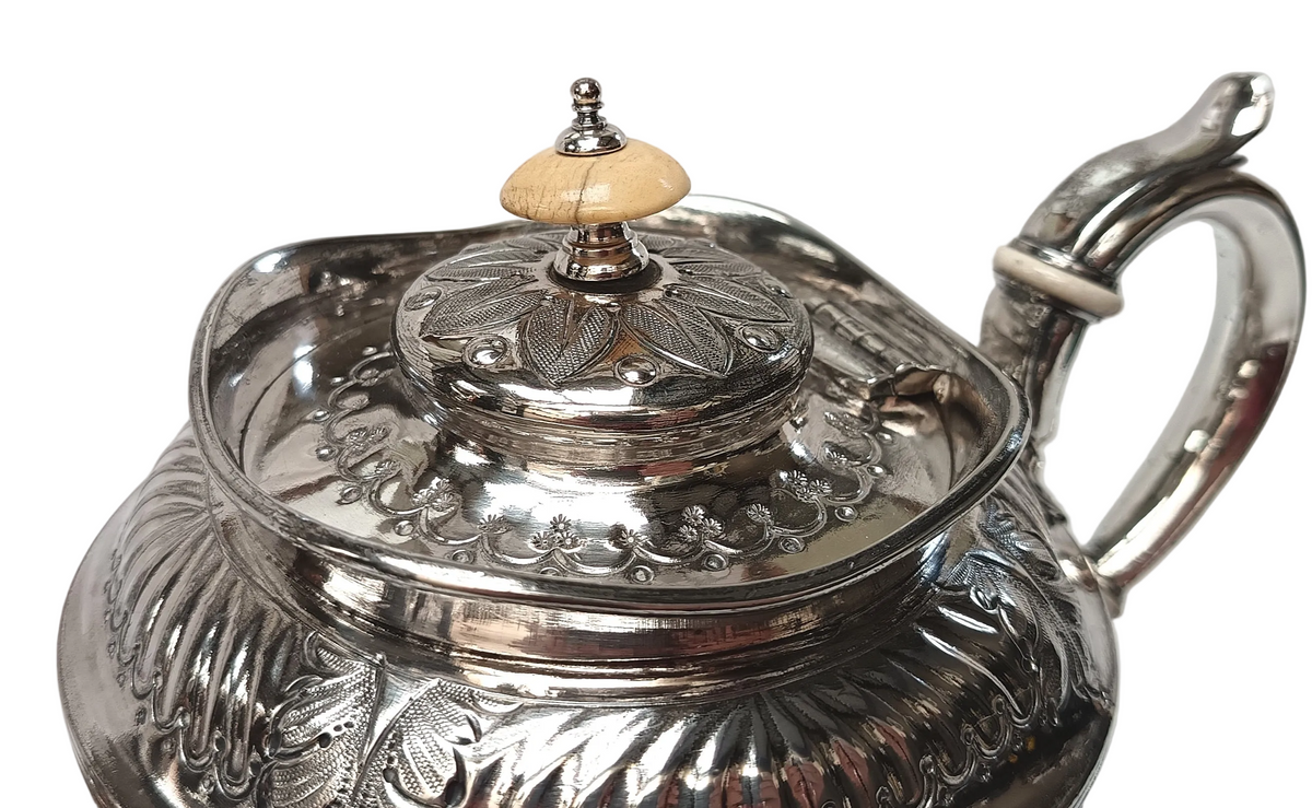 Mappin & Webb | Electro Britannia Metal Silver Plate | Three-Piece Tea Service | Teapot, Milk Jug & Open Sugar Bowl | Repousse Floral & Acanthus Decoration | Gilt Interiors | Sheffield | Registration No. 12425 | Very Good Antique Condition