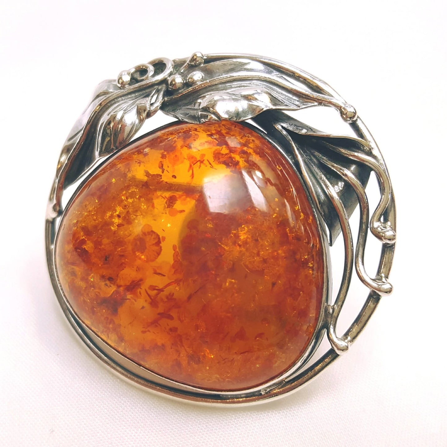 Antique Art Nouveau Sterling Silver Brooch | Large Natural Baltic Amber Cabochon | 45mm | 15g | Excellent Condition
