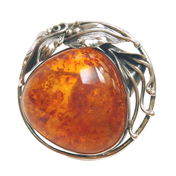 Antique Art Nouveau Sterling Silver Brooch | Large Natural Baltic Amber Cabochon | 45mm | 15g | Excellent Condition