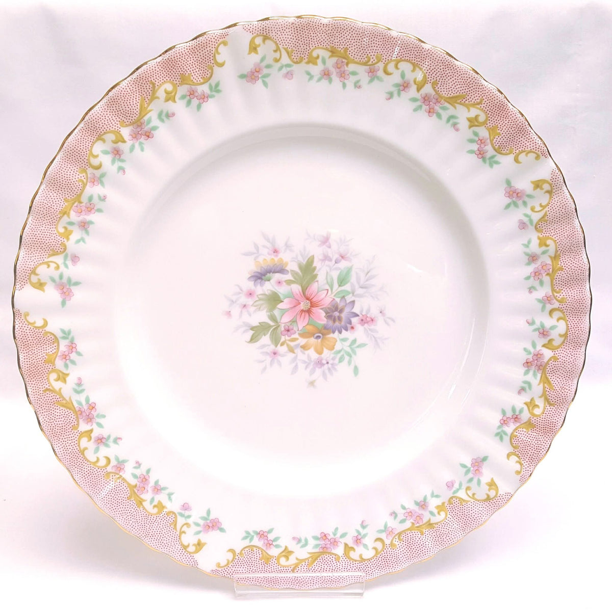 Royal Albert 'Serenity' | Bone China Dinner Plates | 26cm | Pink Dot & Gold Scrollwork Border | Soft Pastel Floral Centre | Made in England | Excellent Condition | Mint Gilding