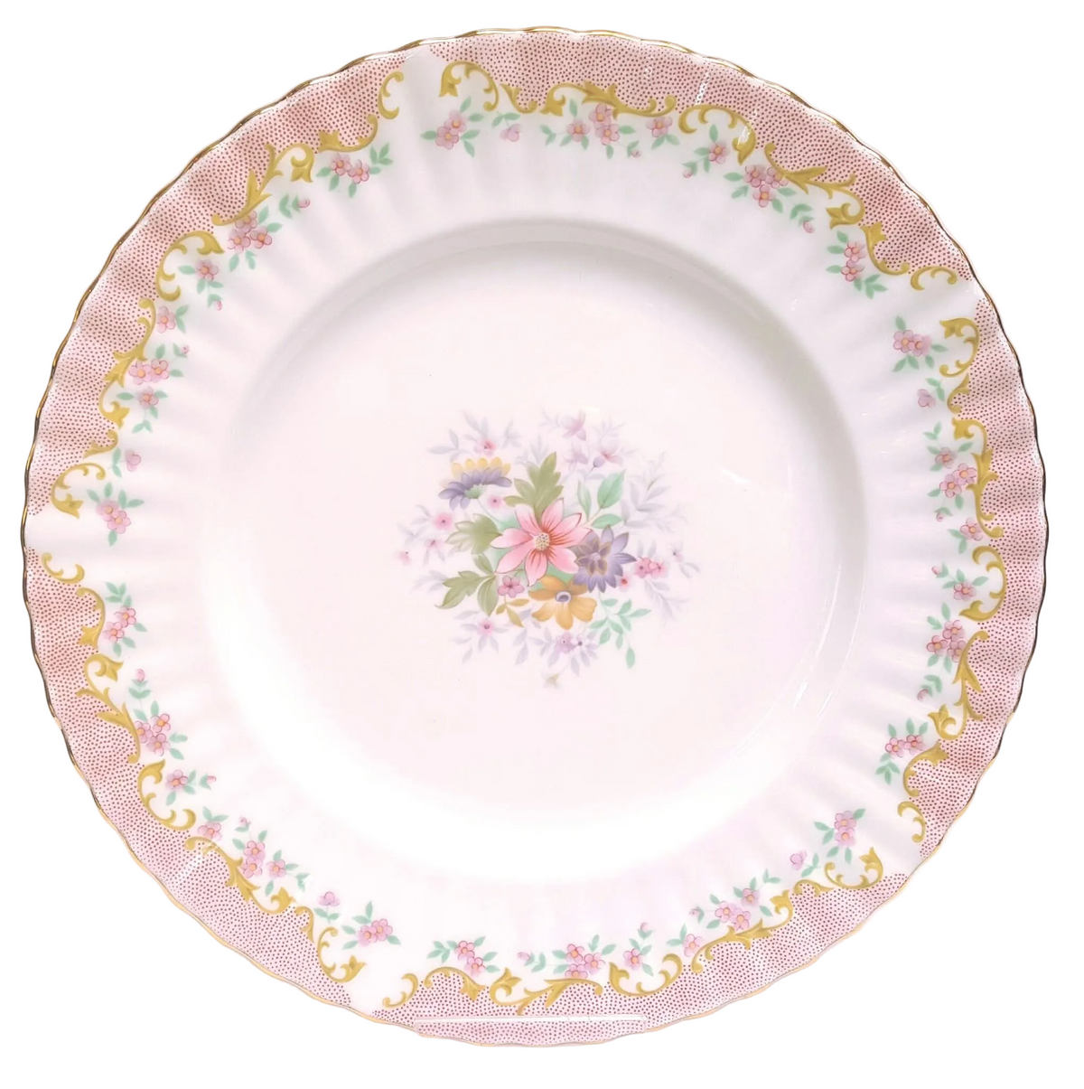 Royal Albert 'Serenity' | Bone China Dinner Plates | 26cm | Pink Dot & Gold Scrollwork Border | Soft Pastel Floral Centre | Made in England | Excellent Condition | Mint Gilding