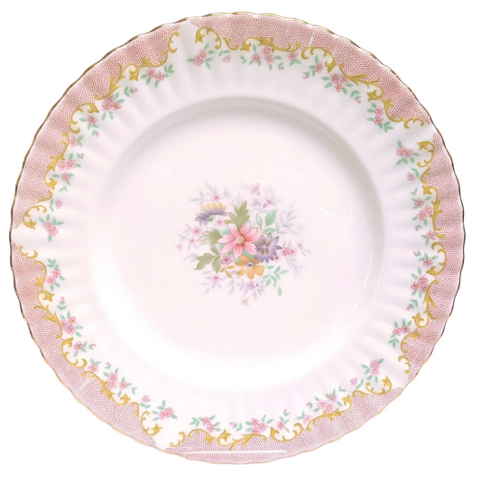 Royal Albert 'Serenity' | Bone China Dinner Plates | 26cm | Pink Dot & Gold Scrollwork Border | Soft Pastel Floral Centre | Made in England | Excellent Condition | Mint Gilding