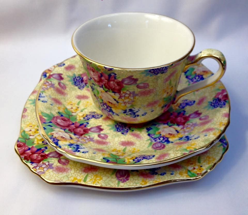 Grimwades Royal Winton 'Welbeck' Chintz Trios — Yellow Ground, 1995 Revival Issue — Pair