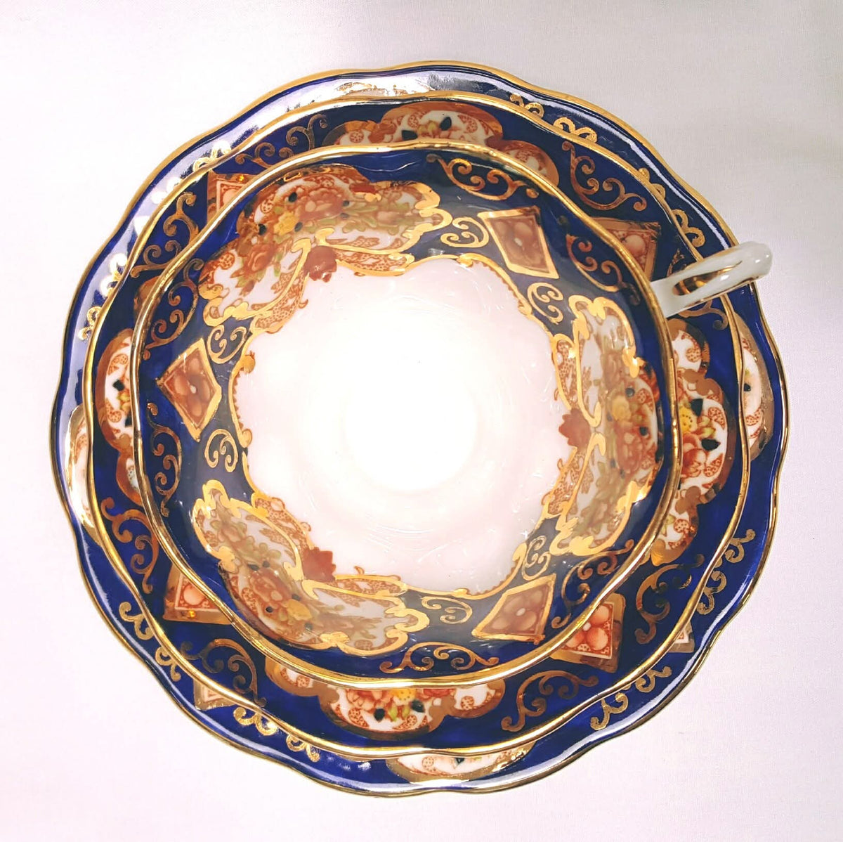 Royal Albert | 'Heirloom' Pattern No. 4534 | Bone China Trio (Teacup, Saucer & Side Plate) | Cobalt Blue, Burnt Orange & 22ct Gold | Made in England | Mint Unused Condition