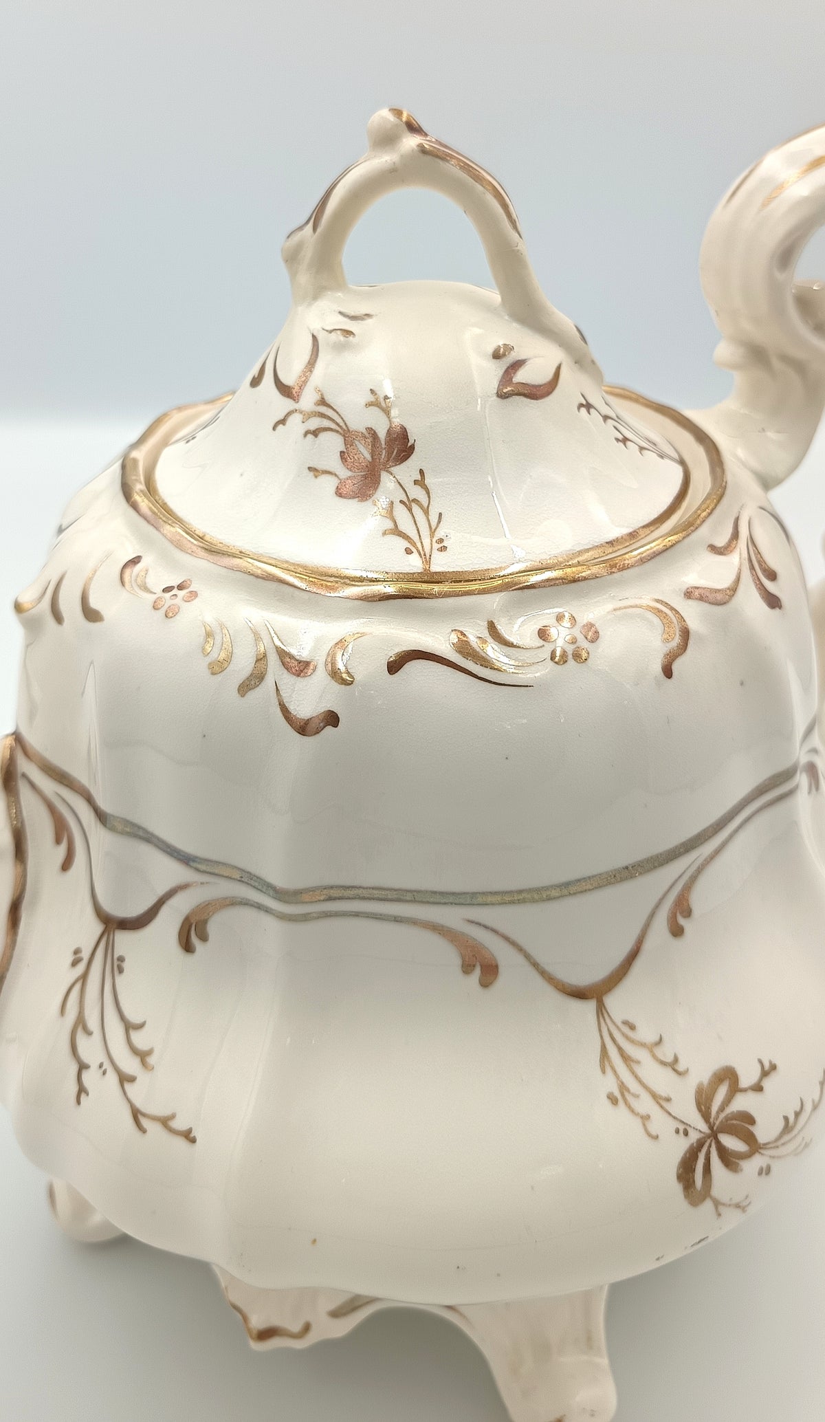 Victorian | White Earthenware | Footed Teapot | Hand-Painted Gilt Rococo Revival Decoration | c.1840–1870 | Pattern No. 1398