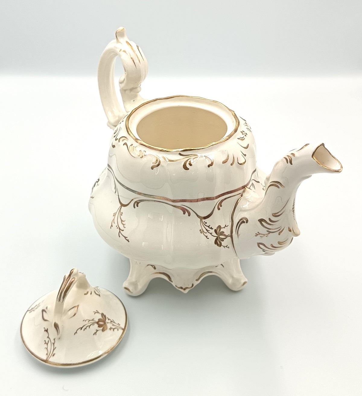 Victorian | White Earthenware | Footed Teapot | Hand-Painted Gilt Rococo Revival Decoration | c.1840–1870 | Pattern No. 1398