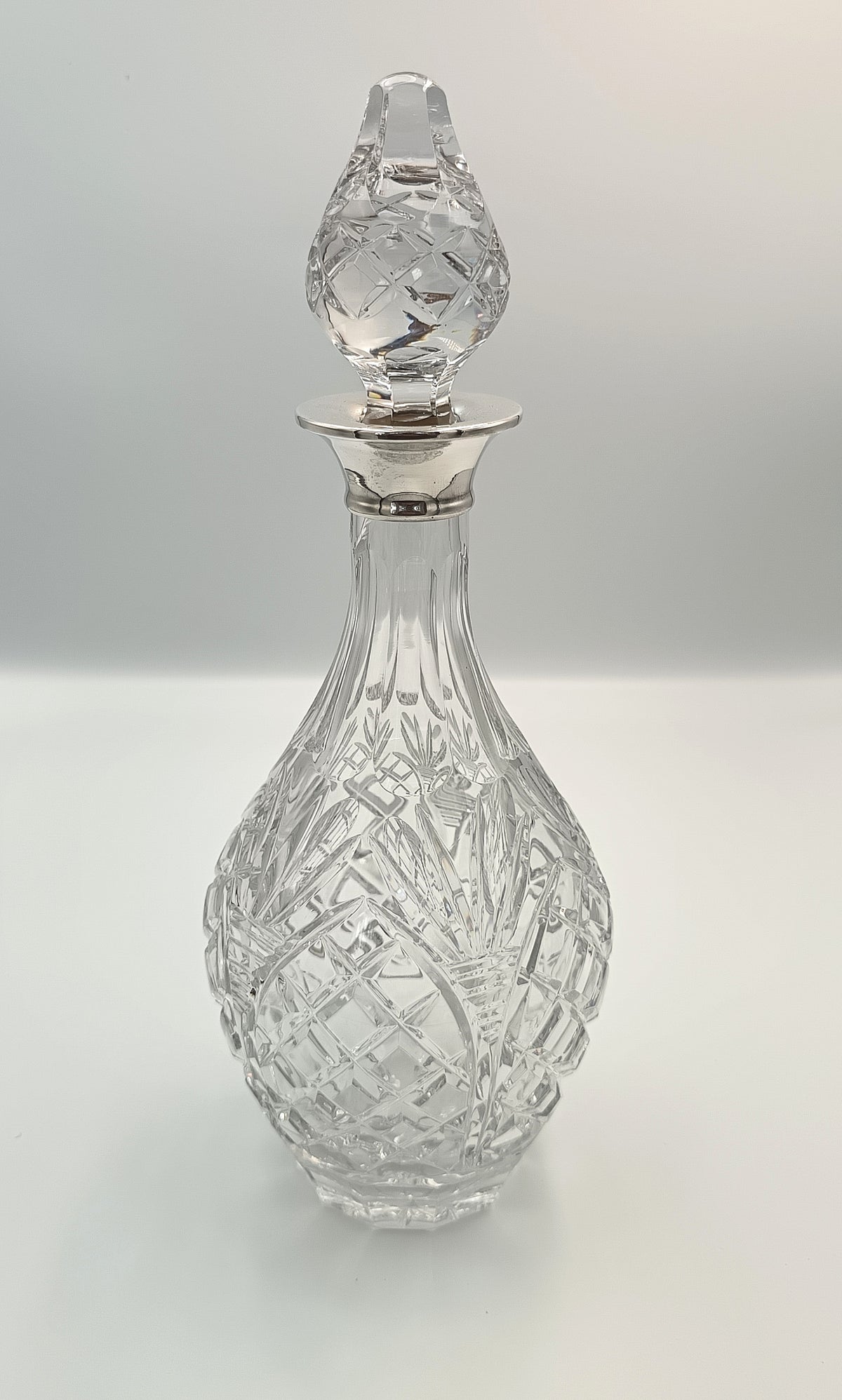 Full Lead Cut Crystal Decanter | Sterling Silver Collar | Attributed A.C. & Sons Ltd | London | Post-1971